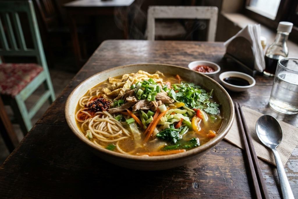 Thukpa noodle soup with vegetables and meat in Arunachal Pradesh