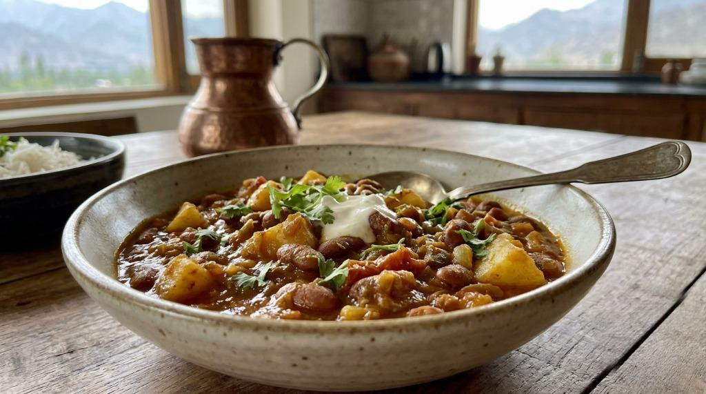 Traditional Chura Sabzi with fermented cheese, fresh vegetables and aromatic regional spices Image Name