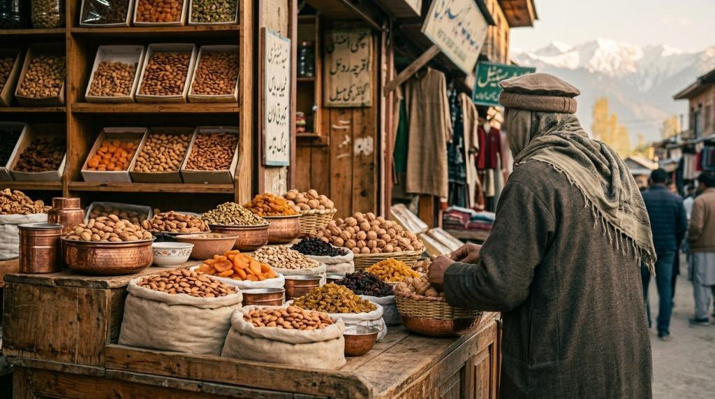 Kashmiri dry fruits including almonds, walnuts, pistachios, raisins and dried apricots Image Name