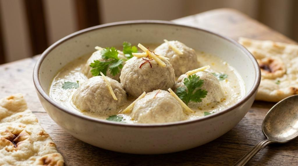 Traditional Kashmiri Gushtaba meatballs served in creamy yoghurt-based gravy with delicate spices Image Name