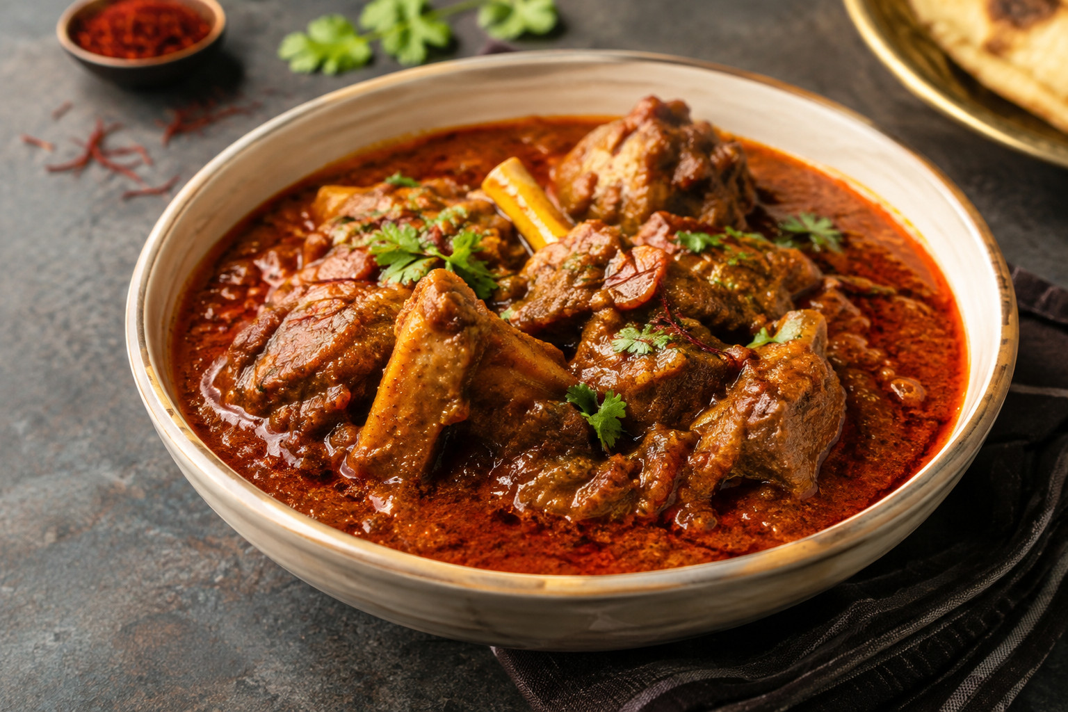 Kashmiri Rogan Josh with tender meat in rich aromatic red gravy served in a bowl Image Name