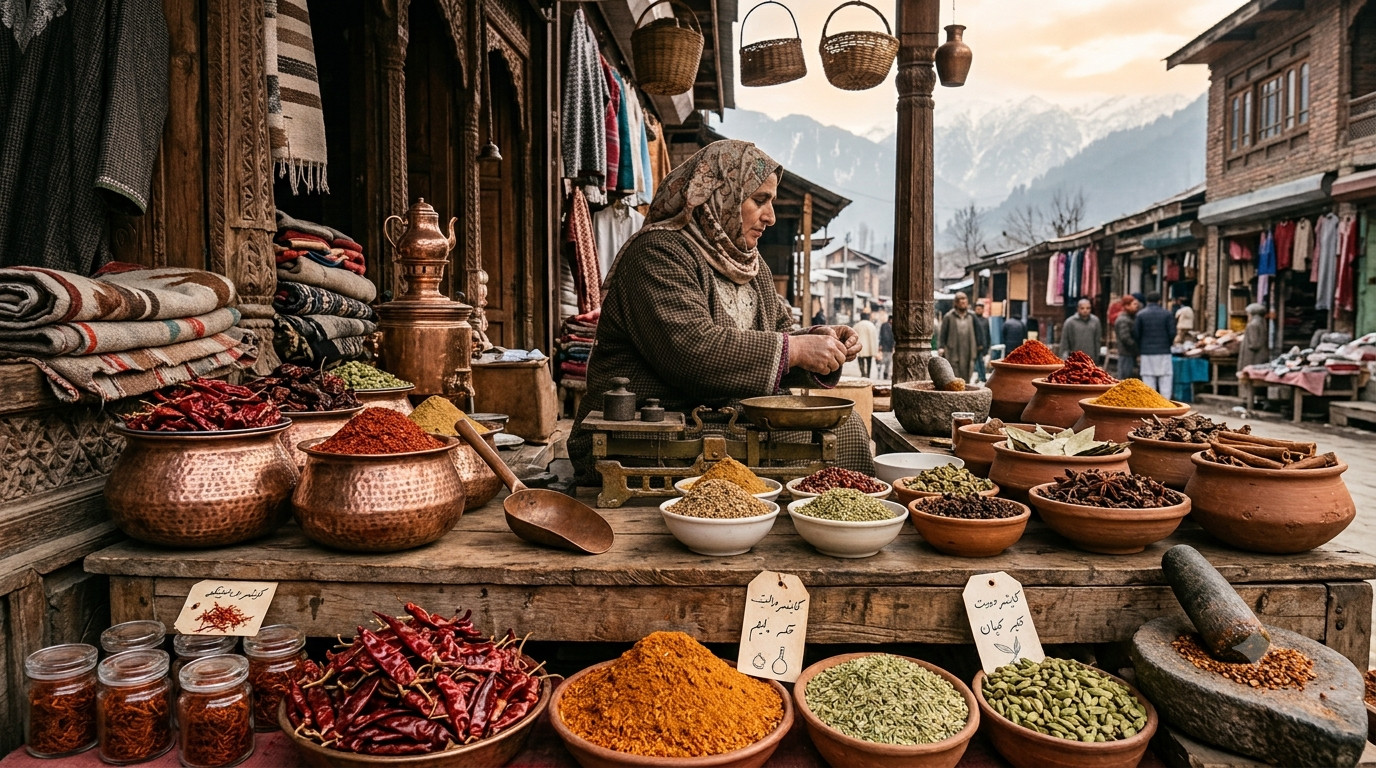 Kashmiri spices including red chilli, cumin, fennel and cardamom in traditional spice blends Image Name