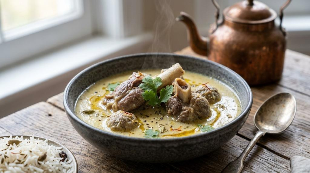 Traditional Kashmiri Yakhni made with tender meat in a mild aromatic yoghurt-based gravy Image Name