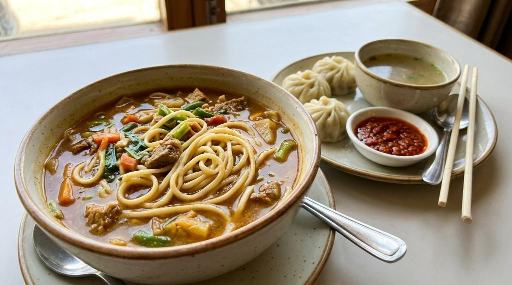Momos and Thukpa served as warm, comforting Himalayan dishes with steamed dumplings and noodle soup Image Name