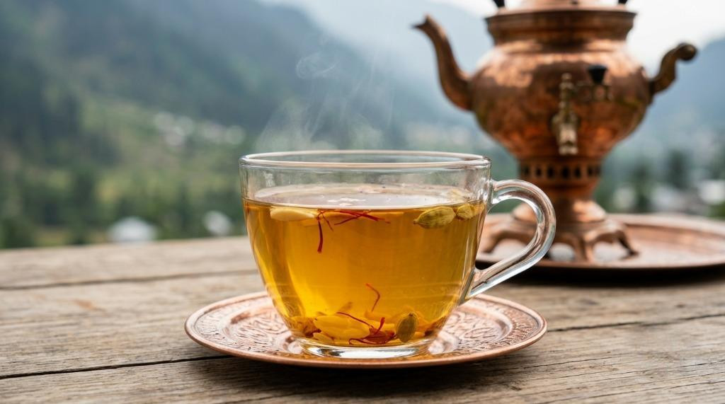 Traditional Kashmiri Kahwa green tea with saffron, aromatic spices and nuts served in a cup Image Name