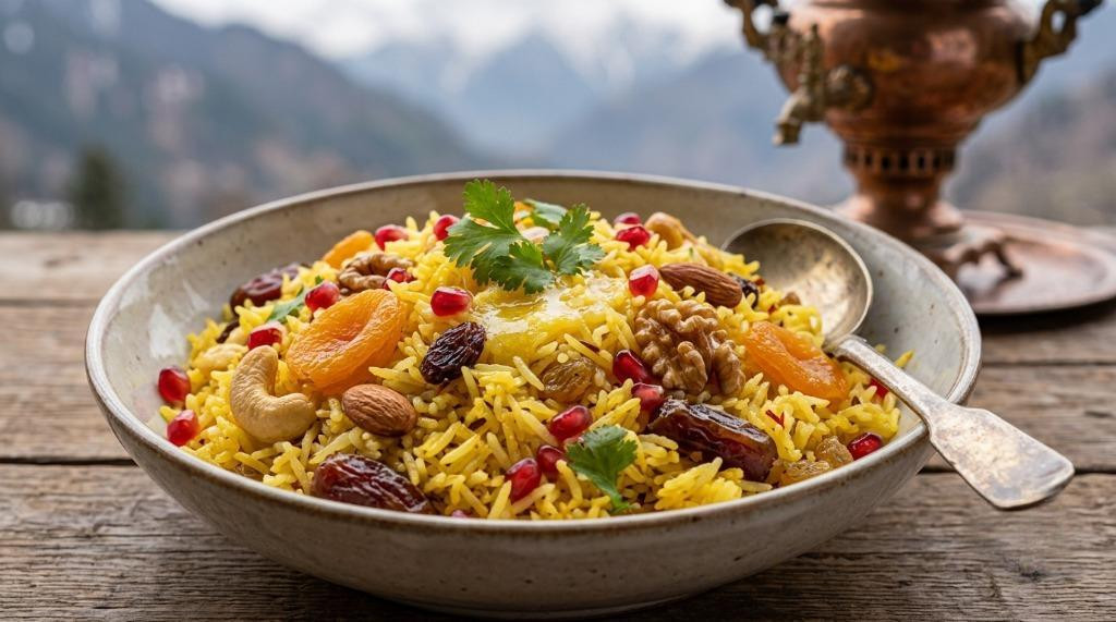 Traditional Kashmiri Pulao with fragrant rice, dry fruits and nuts served in a bowl Image Name